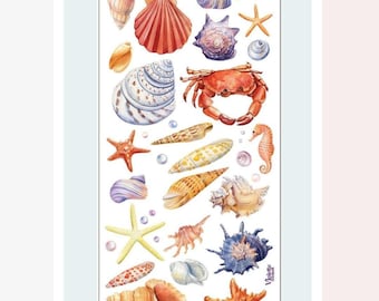 Sea Life and Beach Stickers - Ocean Seashells & Crabs Watercolor Sticker Sheet - Crafts, Scrapbooks, Planners, and Stationery