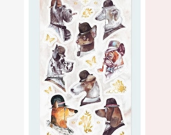 Dog Stickers - Vintage Dapper Dogs Sticker Sheet - Gold Foil Accents - Scrapbooks, Crafts, Stationery, Diaries, Journals, and Gifts