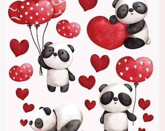 Panda Heart Stickers - Half-Size Pandas, Red Hearts, & Balloons Sticker Sheet - Stationery, Scrapbooks, Crafts, and Journals