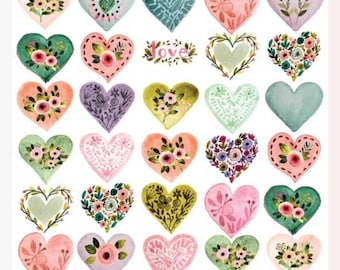 Country Heart Stickers, Mini Floral Patchwork Hearts Sticker Sheet, Farmhouse Stickers - Stationery Crafts Cards