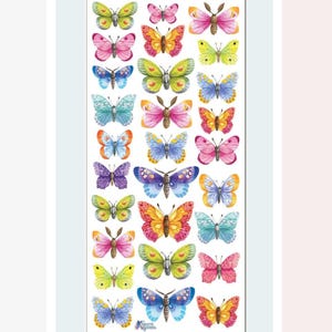 May include: A sheet of colorful butterfly stickers in various sizes and designs. The butterflies feature a range of colors, including pink, blue, yellow, orange, and purple. The stickers are arranged in rows and columns, with a white background.