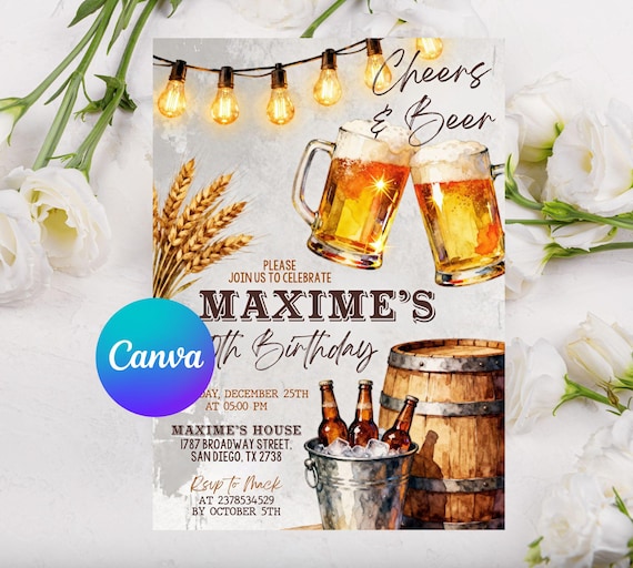 Cheers and Beers Invitation, Western, Birthday Invitation for Men, Adult Invite, Printable or Digital Invitation, Editable Canva Template