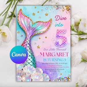 May include: A mermaid-themed invitation with a colorful design. The invitation features a mermaid tail, the number 5, and the text "Dive into 5". The invitation includes the name "Margaret" and event details.