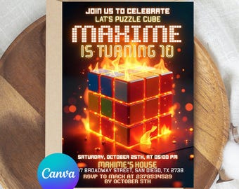 Invitación de cubo de Rubik, invitación para fiesta de cubo de Rubik, invitación de juego de rompecabezas de cubo de Rubik, cumpleaños de cubo de Rubik editable, descarga instantánea