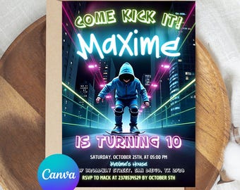May include: A birthday invitation featuring a neon-lit cityscape with a person on a skateboard. The invitation reads "COME KICK IT! Maxime IS TURNING 10" with event details. A Canva logo is in the lower left corner.