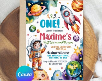 May include: A rectangular invitation card featuring a space theme with a watercolor astronaut, a rocket ship, planets, and stars. The text reads 4,3,2... ONE! Join us to celebrate Maxime's First trip around the sun, Saturday, October 25th, at 05:00 pm, Maxime's House, 1787 Broadway Street, San Diego, TX 2738, Rsvp to Mack At 2378534529 by October 5th.