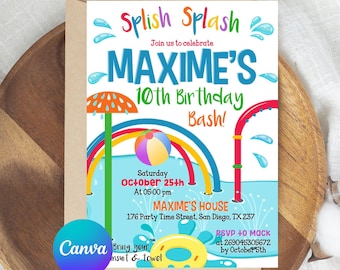 May include: A birthday party invitation with the words "Splish Splash" in colorful text. The invitation includes the text "MAXIME'S 10th Birthday Bash!" and details for the party, including the date, time, and location.