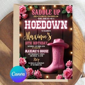 Pink Hoedown Birthday Invitation, Western Cowgirl Party Digital Invite, Country Western Invite, Floral Boots Invite, Editable Canva