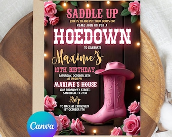 Pink Hoedown Birthday Invitation, Western Cowgirl Party Digital Invite, Country Western Invite, Floral Boots Invite, Editable Canva