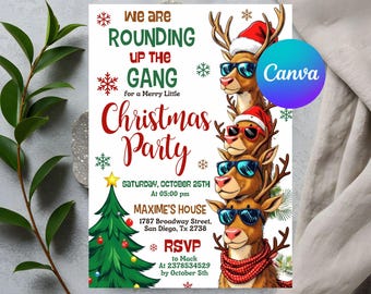 May include: A festive Christmas party invitation featuring three reindeer wearing sunglasses and Santa hats. The invitation includes the text "We are rounding up the gang for a Merry Little Christmas Party" with event details.