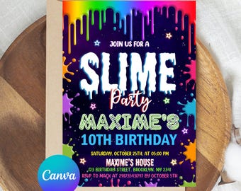 Slime Birthday Invitation, EDITABLE Neon Glow Slime Party Invite Template, Girl Birthday Party, Glitter Slime Time, Slime CANVA