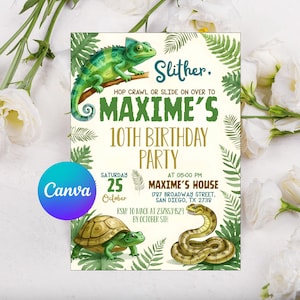 May include: A birthday party invitation with a reptile theme. The invitation features a green chameleon, a turtle, and a snake. The text reads "Slither. Hop crawl or slide on over to Maxime's 10th Birthday Party."