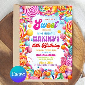 Bewerkbare zoete feestverjaardagsuitnodiging, Candy Land-uitnodiging, Candy-verjaardagsuitnodiging, Candyland, afdrukbare canvassjabloon