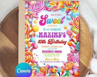 Editable Sweet Celebration Birthday Invitation, Candy Land Invitation, Candy Birthday Party Invitation, Candyland, Printable Canva Template