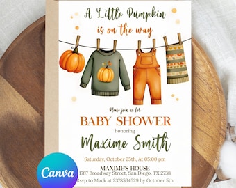 A Little Pumpkin is on The Way Baby Shower Invitation, Fall Pumpkin Baby Shower, Fall Birthday Invitation, Editable Canva Template