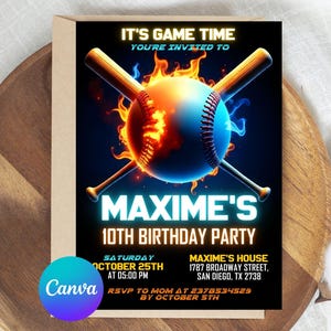Invitación para fiesta de cumpleaños de béisbol, invitación de cumpleaños deportiva, swing en el over, novato del año, imprimible y editable digitalmente