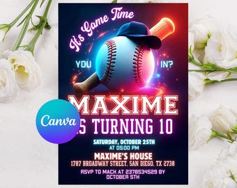 Editable Baseball Birthday Invitation, Baseball Invites, Instant Download Baseball Invitations, Digital File CANVA