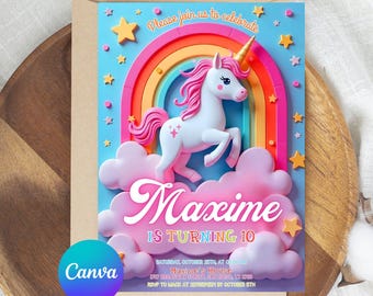 Invitación de cumpleaños de unicornio, invitación de fiesta mágica de arcoíris, fiesta de cumpleaños de unicornio arcoíris, invitación brillante editable en Canva