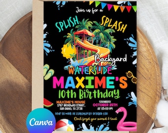 Waterglijbaan verjaardagsuitnodiging, jongen meisje splash feestuitnodiging, splash verjaardag Evite, waterglijbaan bas moderne canvas sjabloon jongen meisje