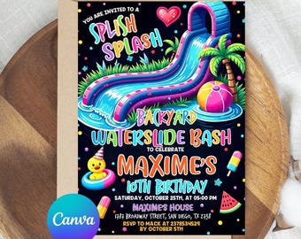 Waterslide Birthday Invitation, Boy Girl Splash Party Invite, Splash Birthday Evite, Waterslide Bash Modern Canva Template