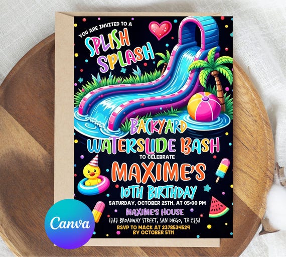 Waterslide Birthday Invitation, Boy Girl Splash Party Invite, Splash Birthday Evite, Waterslide Bash Modern Canva Template