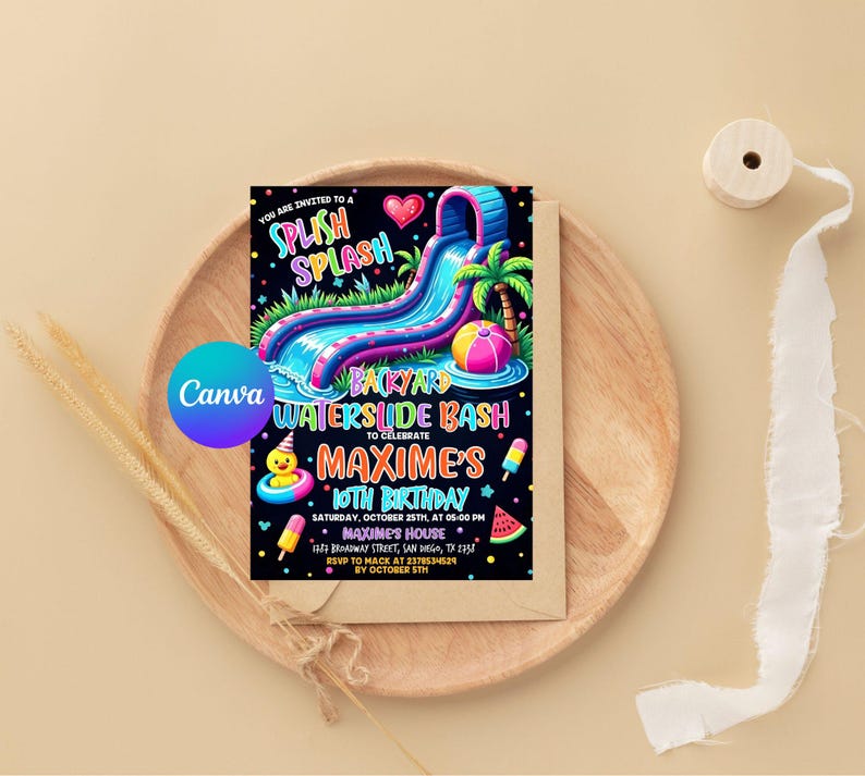 Waterslide Birthday Invitation, Boy Girl Splash Party Invite, Splash Birthday Evite, Waterslide Bash Modern Canva Template