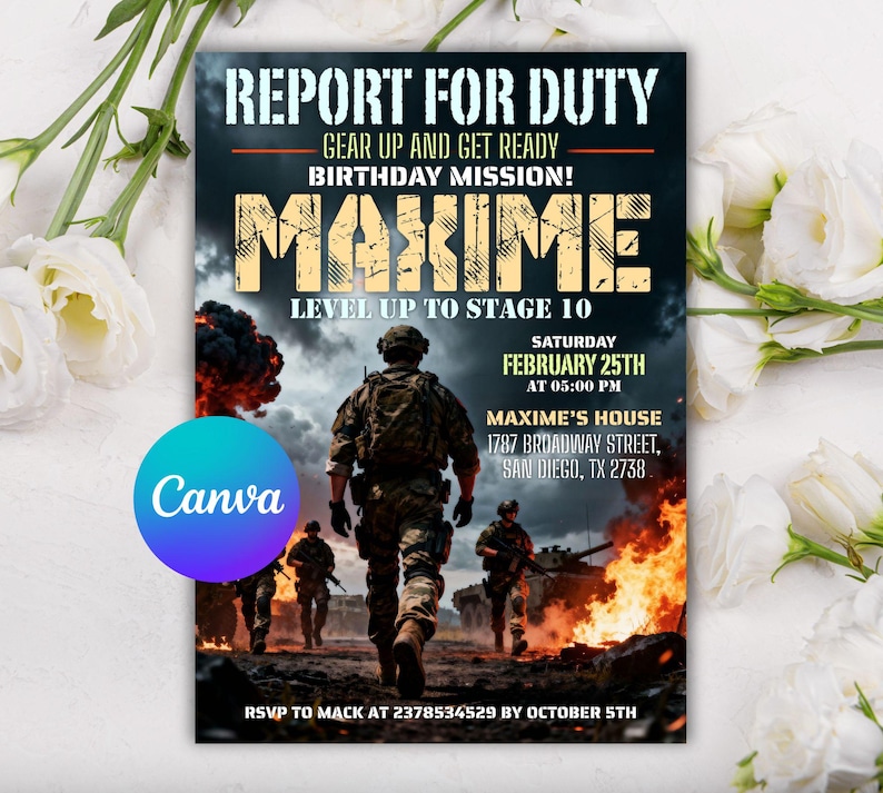 Editable Report for Duty Invitation, Birthday Mission, Soldiers ...