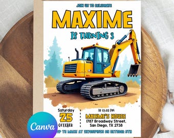 Construction Birthday Invitation, Construction Invitation, Dump Truck Party Invite, 3rd Birthday Invite Printable Template, Editable Canva