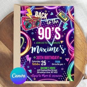 Editable 90s Birthday Party Invitation, Back To The 90s Neon Party Glow Dance Disco 2000s Birthday 90s Instant Download, 90s Design Invite