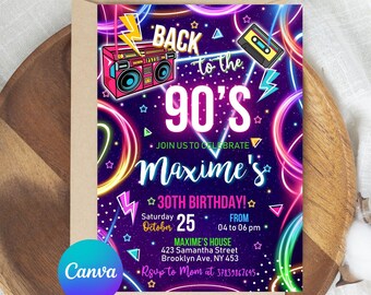 Editable 90s Birthday Party Invitation, Back To The 90s Neon Party Glow Dance Disco 2000s Birthday 90s Instant Download, 90s Design Invite
