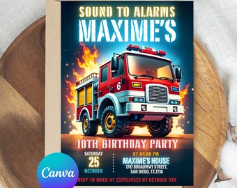 Editable Fire Truck Birthday Invitation Template, Firetruck Invitation, Fire Engine Invitation, Firefighter Birthday invite,Instant Download