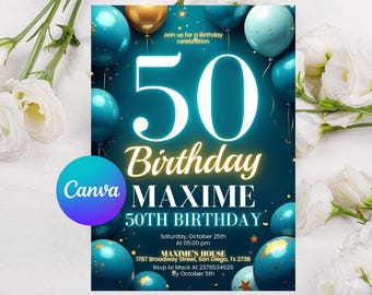 50th Birthday Invitation, Birthday Dinner Invitation, Adult Birthday Invite, Blue and Gold Birthday Printable Invite Editable Canva Template