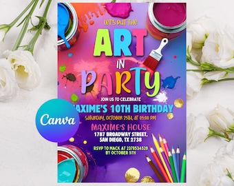 Editable Art Birthday Party Invitation, Tie Dye Arts and Crafts Painting Party Invite, Let's Paint & Celebrate, Canva Template