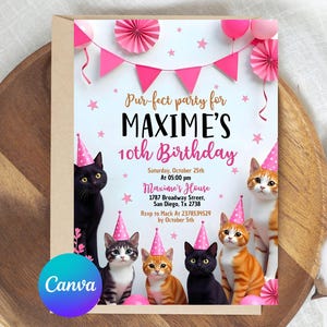 Editable Cat Birthday Invitation, Cat Theme Birthday Invitation, Are You Kitten Me Birthday, Paw-ty Birthday Invite, Rainbow, Canva Template