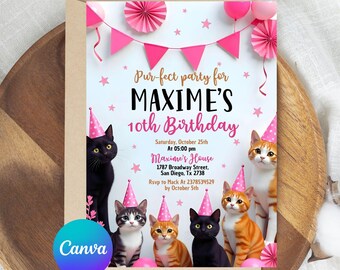猫の誕生日招待状、猫をテーマにした誕生日招待状、パーティーの誕生日招待状、子猫の誕生日招待状、Canvaで編集可能な招待状