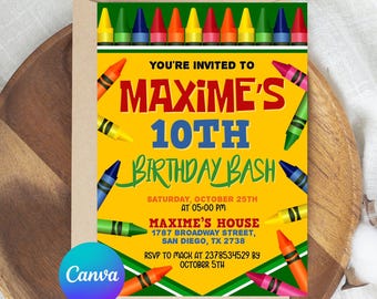 Invitación de cumpleaños con crayones, invitación a fiesta de arte con crayones, invitación a fiesta de arte, invitación con crayones, ¡Edita AHORA!