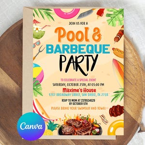BBQ and Pool Party Invitation, Grill Chill Invite Backyard Bbq Pool Barbecue Pool Party Summer, Digital Invitation Template