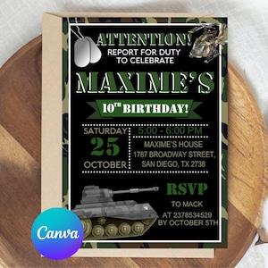 Editable Military Party Invitations, Army Birthday Invitation, Soldier Birthday Invitation, Military Invite, Invitation Template