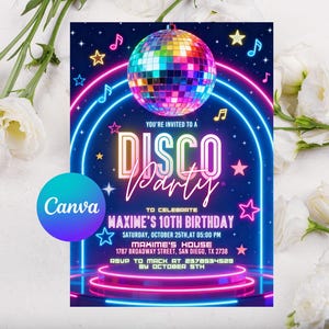 Editable Disco Party Birthday Invitation, Any Age Disco Dance Party Invite Template, Printable Neon Glow Party Invitation DIY Canva Template