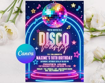 Editable Disco Party Birthday Invitation, Any Age Disco Dance Party Invite Template, Printable Neon Glow Party Invitation DIY Canva Template