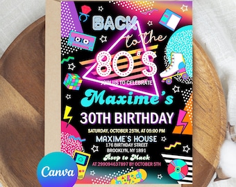 Editable 80s Birthday Party Invitation, All text is editable, Back To The 80s, Throwback Party, Neon Party, Glow Dance, 2000s Birthday