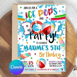 Convite para festa de picolé e piscina, festa de fim de ano letivo, convite para impressão de volta às aulas, aniversário de verão para meninos na piscina, modelo editável