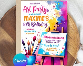 Può includere: Invito per una festa d'arte con un design colorato. L'invito presenta il testo "Art Party" e "10° Compleanno di Maxime". Include dettagli come la data, l'ora e le informazioni RSVP. Sono raffigurati anche pennelli e un cavalletto.