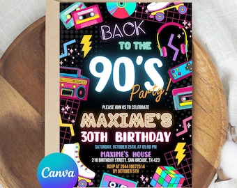 90's Birthday Party Invitation: Retro Theme, Editable 5x7 (PDF Download)