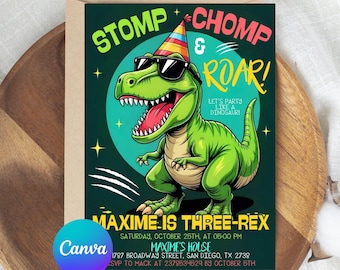 Invitación de cumpleaños de dinosaurio, invitación de cumpleaños de los tres Rex, fiesta de dinosaurios para el tercer cumpleaños de un niño, tres Rex sueltos, plantilla de invitación de los tres Rex