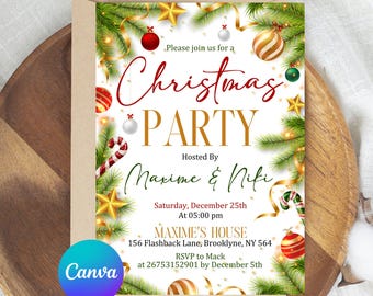 May include: Christmas party invitation with festive decorations. The invitation features text that reads "Christmas PARTY" and "Maxime & Niki". The design includes Christmas ornaments, candy canes, and gold stars. The invitation is on a white background.