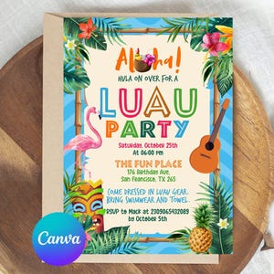 May include: A colorful Luau Party invitation with tropical illustrations. The invitation includes a flamingo, ukulele, pineapple, and the text "Aloha! Hula on over for a Luau Party". The event details are also included.