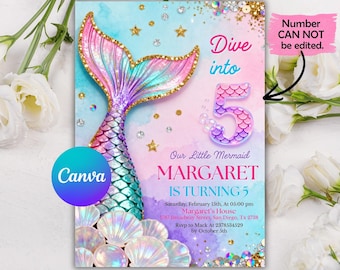 Editable Mermaid 5th Birthday Invitation, Dive into Five Under the Sea Party, Pink Purple Blue Glitter Tail, Instant Download