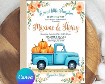 Little Pumpkin Baby Shower Invitation, Blue Truck Fall Shower Invite, Autumn Baby Shower Invite Editable Printable Download