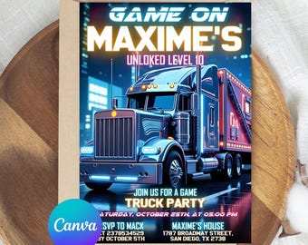 Video Game Truck Birthday Invitation, Neon Gamer Truck Party Invite, Gaming Bus Birthday Invitation, Gaming Truck Invite, Editable Canva